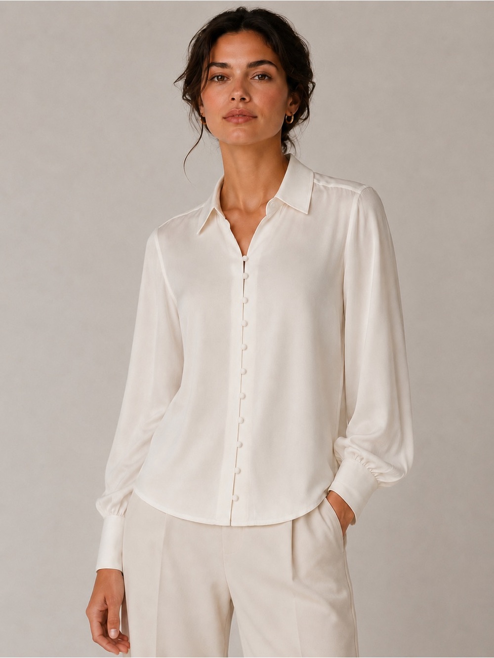 L’AGENCE 100% Silk Ivory Button Front Blouse Bell Cuff Top Medium